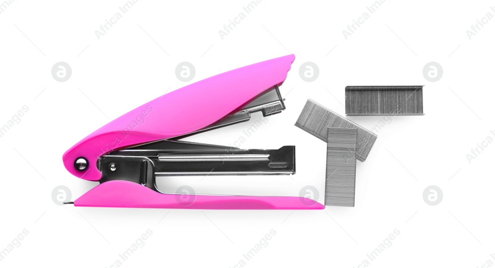 Photo of Bright pink stapler with staples isolated on white, top view