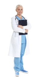 Full length portrait of female doctor with clipboard isolated on white. Medical staff