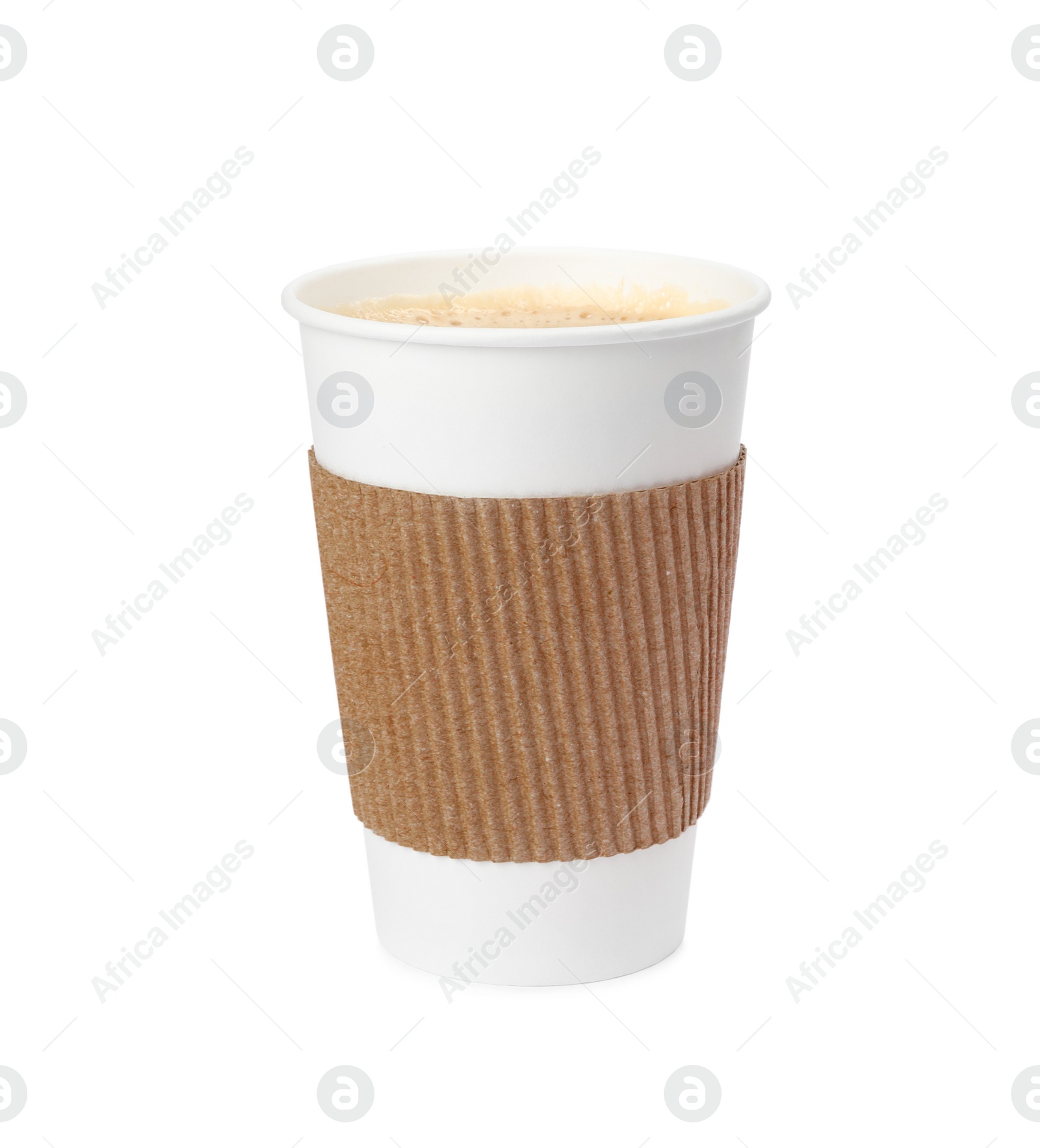 Photo of Hot coffee in takeaway paper cup with cardboard sleeve isolated on white