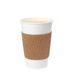 Photo of Hot coffee in takeaway paper cup with cardboard sleeve isolated on white