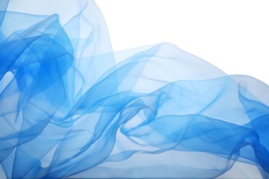 Photo of Beautiful light blue tulle fabric on white background