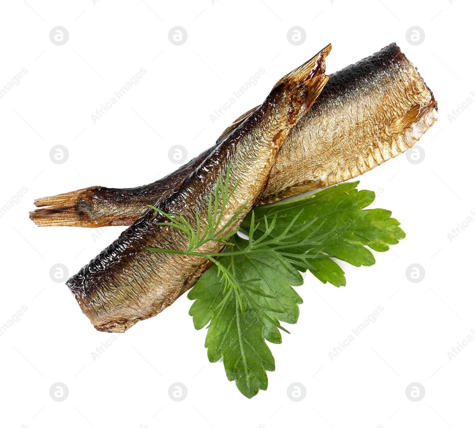 Photo of Tasty canned sprats, parsley and dill isolated on white, top view