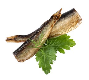 Tasty canned sprats, parsley and dill isolated on white, top view