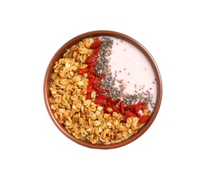 Photo of Smoothie bowl with goji berries on white background, top view