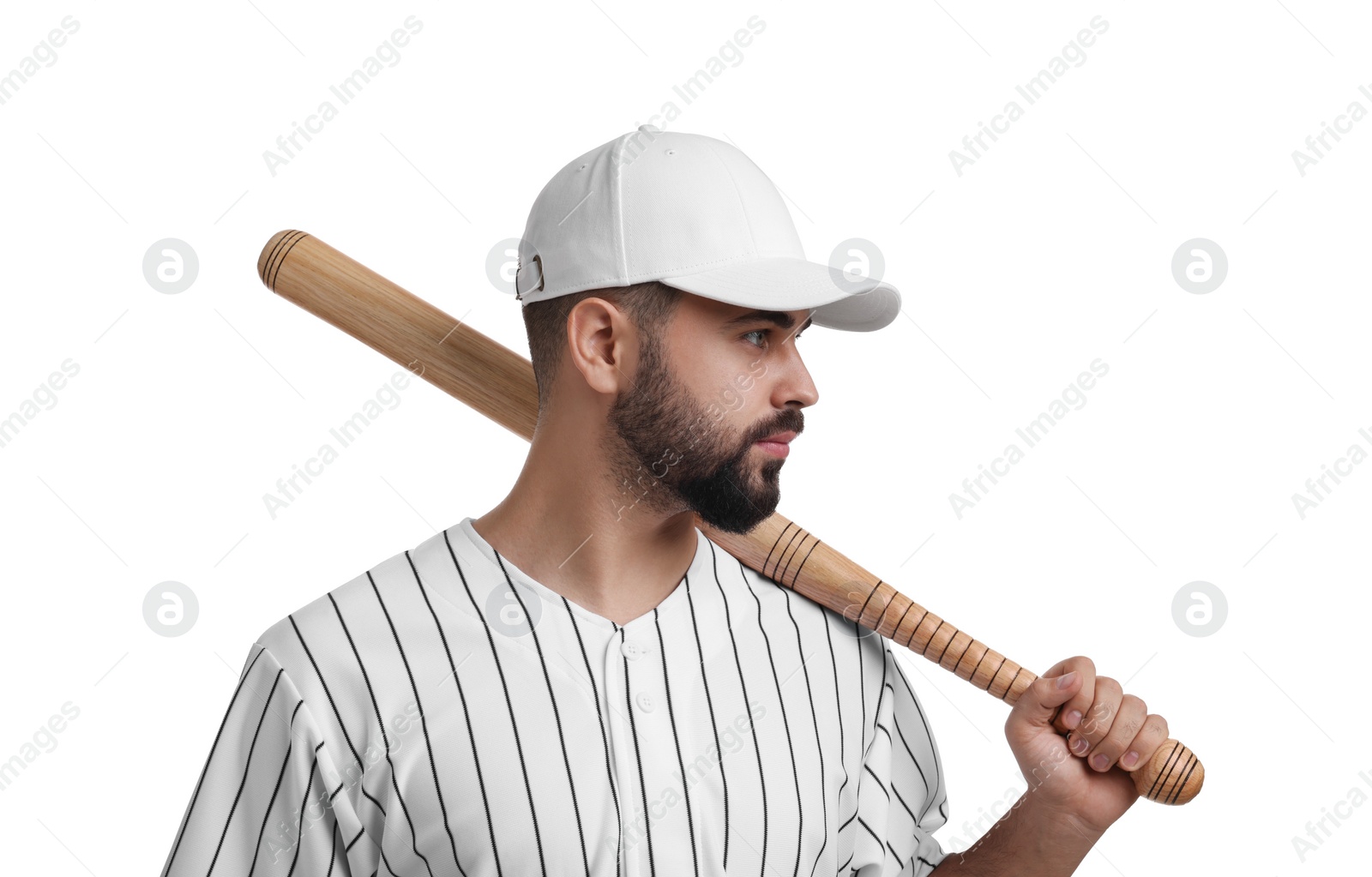 Photo of Man in stylish baseball cap holding bat on white background