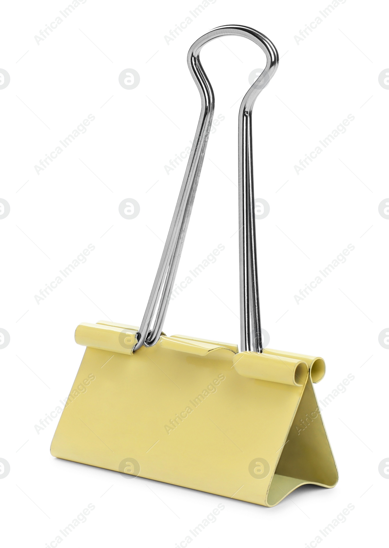 Photo of Yellow binder clip isolated on white. Stationery item