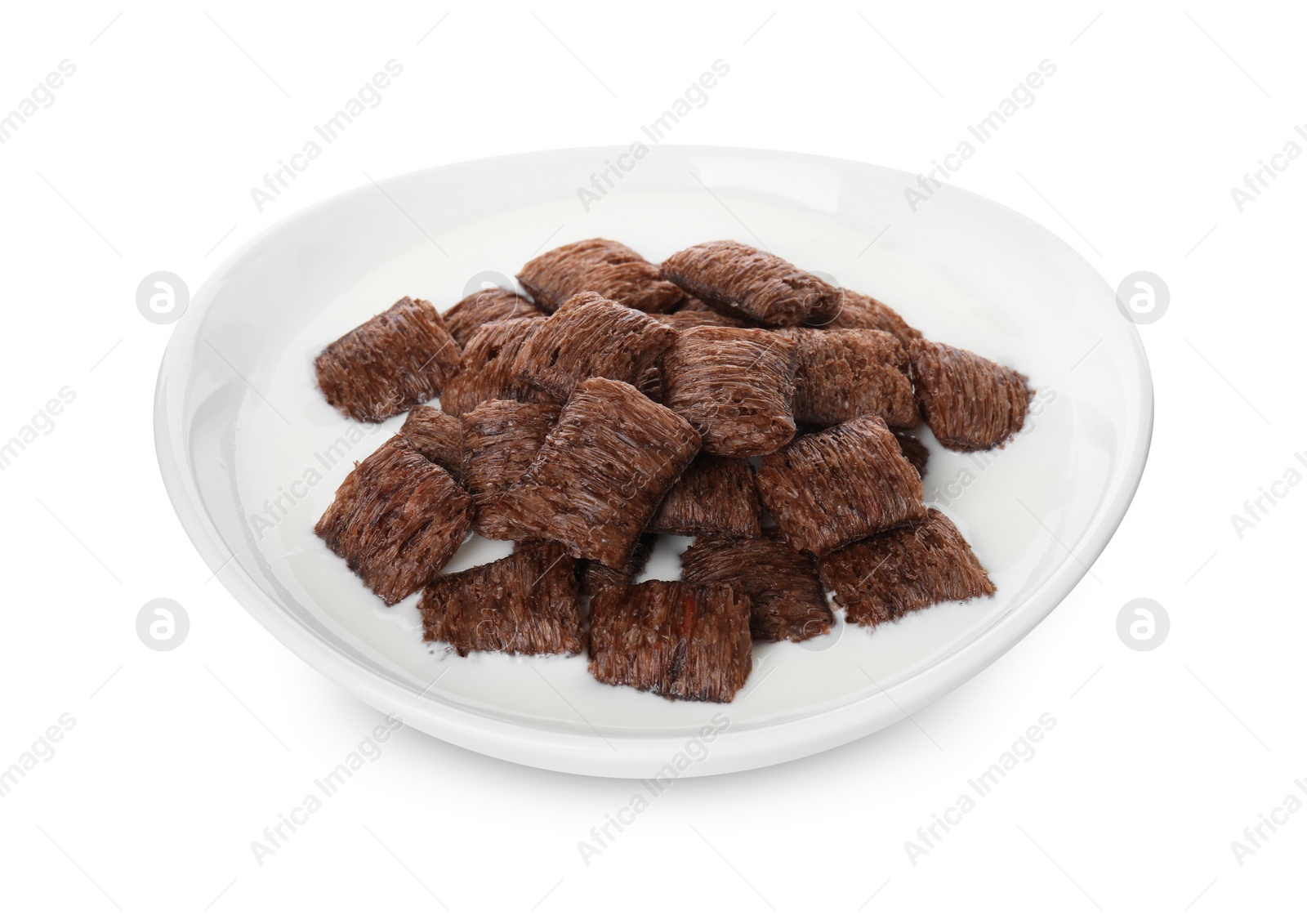 Photo of Breakfast cereal. Tasty corn pads with milk in bowl isolated on white