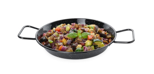Delicious ratatouille in baking dish isolated on white