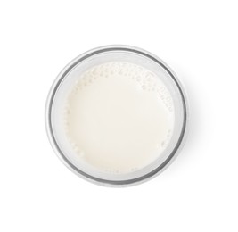 Photo of Glass of fresh milk isolated on white, top view
