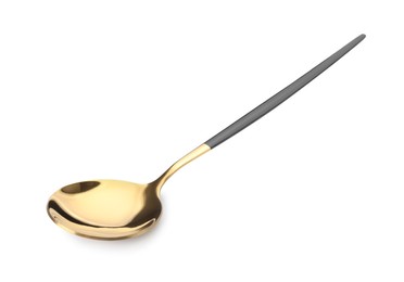 Photo of One shiny golden spoon with black handle isolated on white