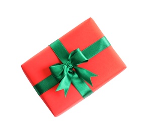 Beautifully wrapped gift box on white background, top view