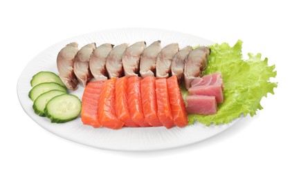 Photo of Delicious mackerel, tuna and salmon served with cucumbers and lettuce isolated on white. Tasty sashimi dish