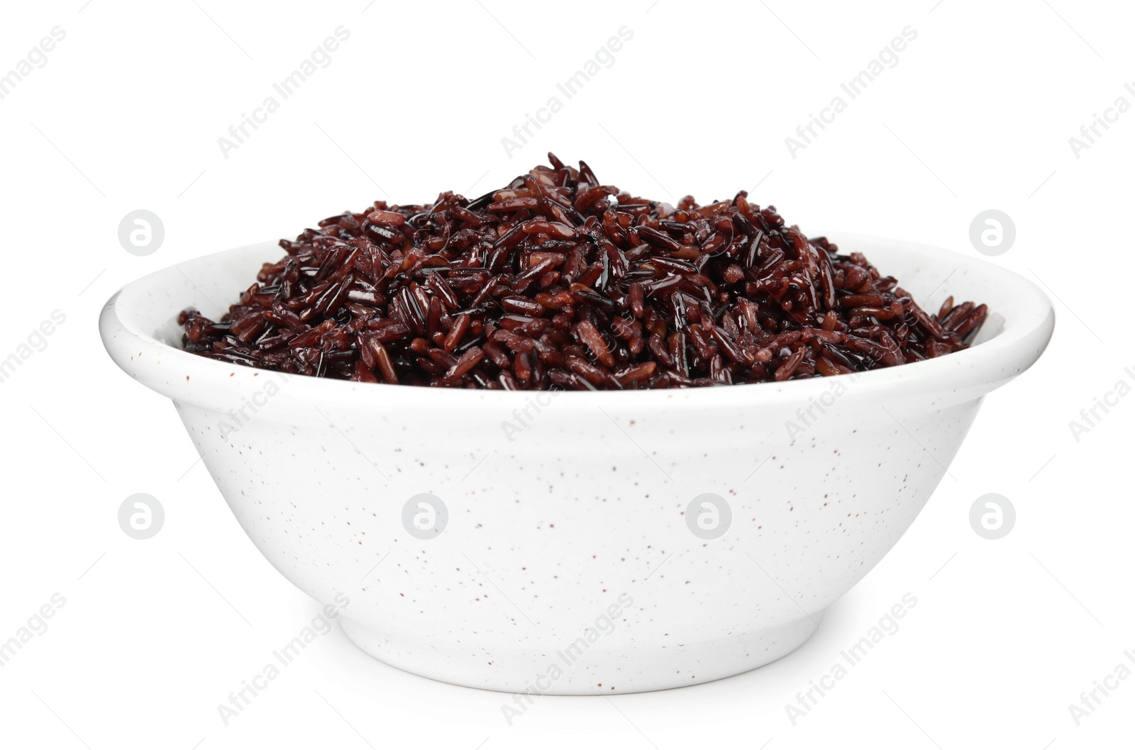 Photo of Bowl with delicious cooked brown rice on white background