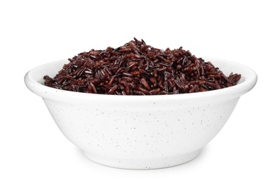 Photo of Bowl with delicious cooked brown rice on white background