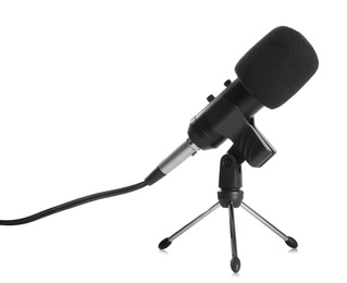 Photo of Modern microphone isolated on white. Journalist's equipment