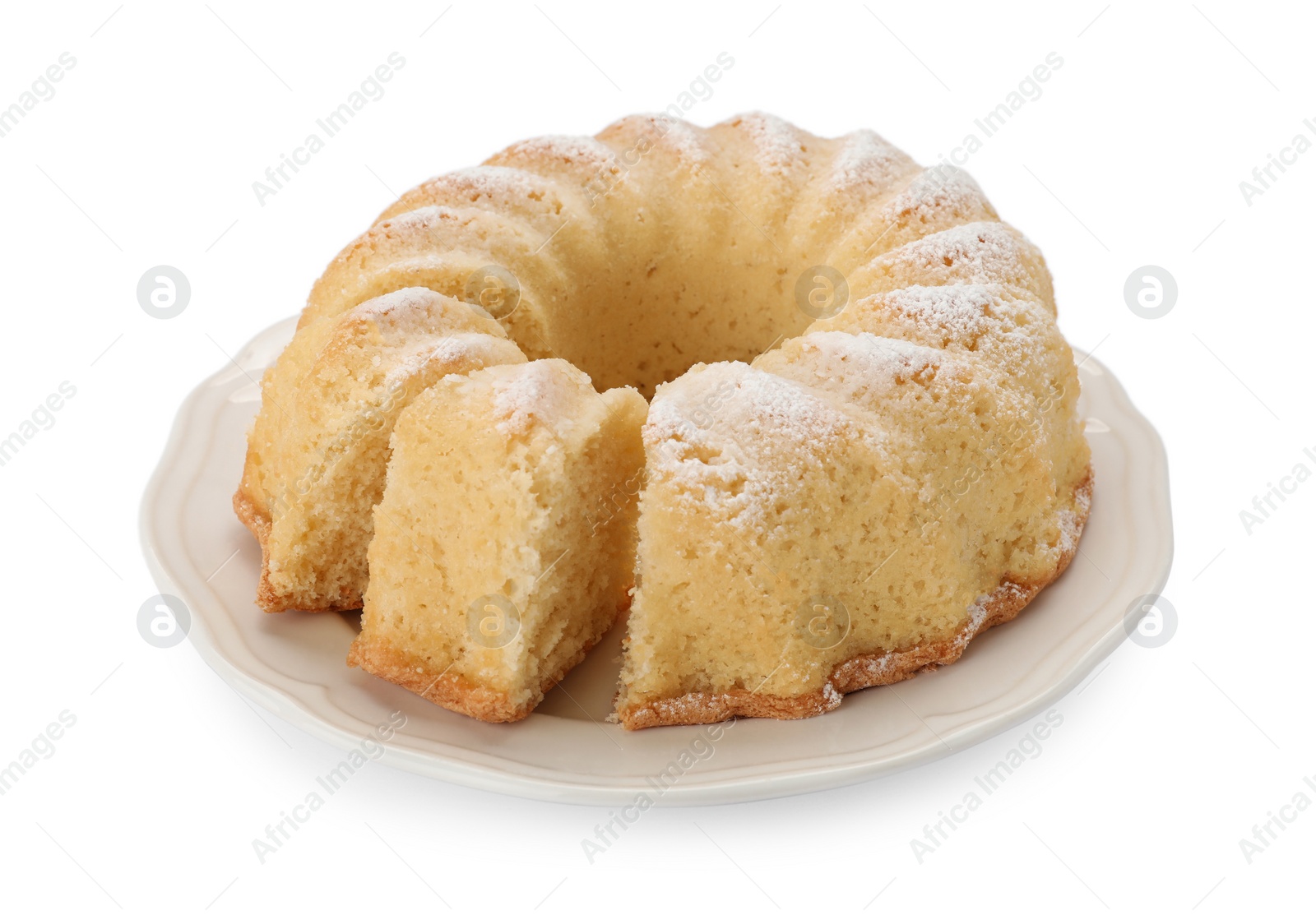 Photo of Delicious freshly baked sponge cake isolated on white