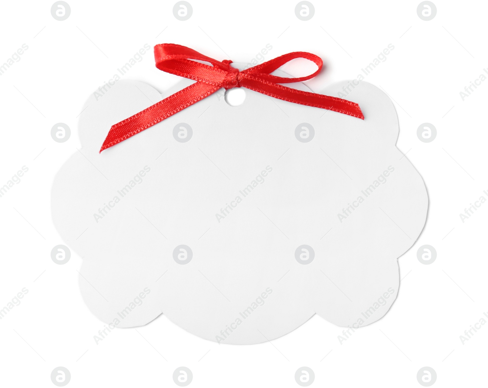 Photo of Blank gift tag with satin ribbon on white background, top view