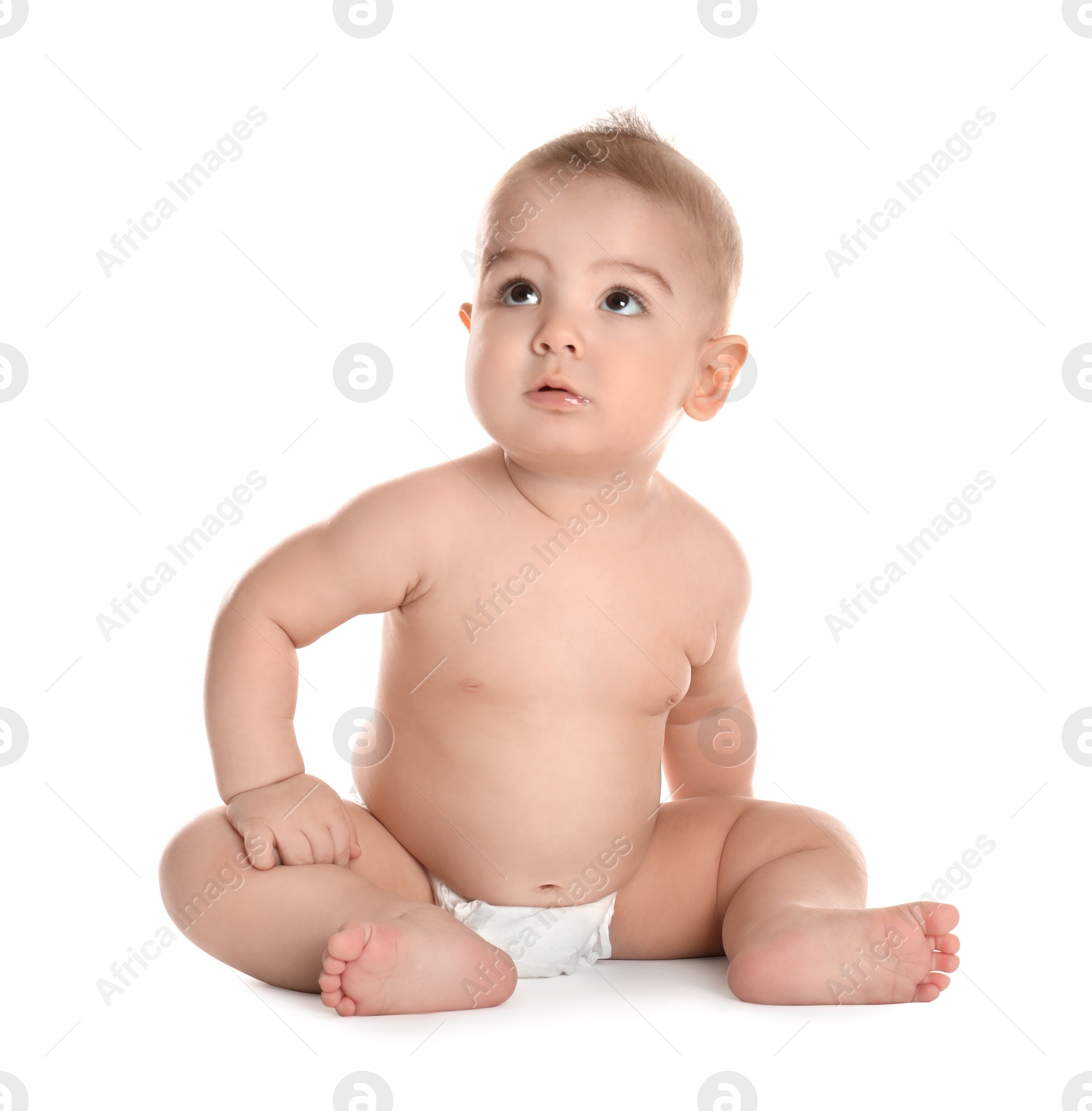 Photo of Cute little baby in diaper on white background