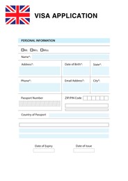 Illustration of Immigration to United Kingdom. Blank application visa form