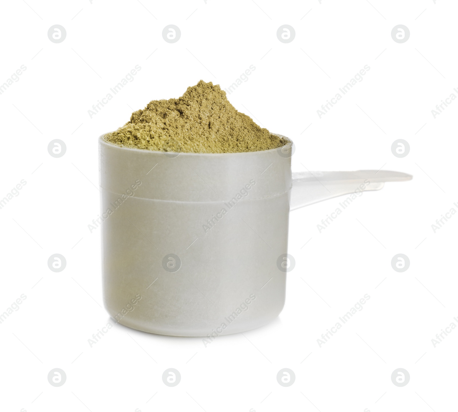 Photo of Scoop with hemp protein powder on white background