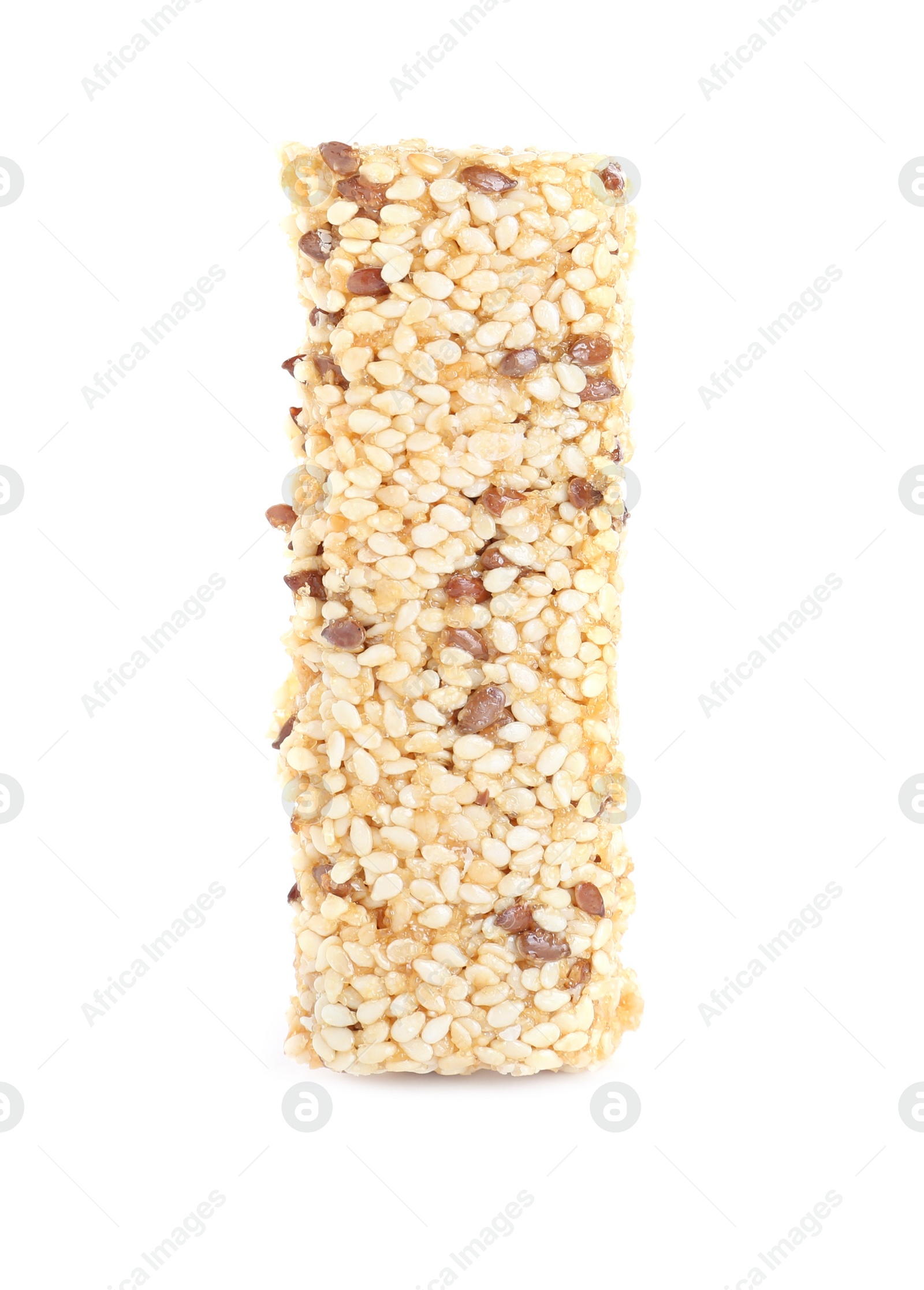 Photo of Tasty sesame seed bar isolated on white