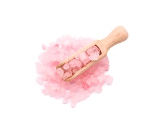 Photo of Wooden scoop with pink sea salt isolated on white, top view