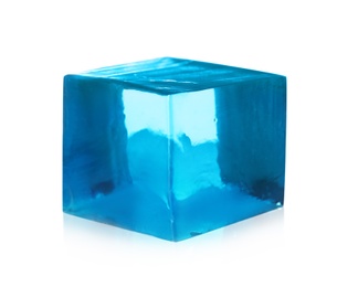 Photo of Delicious blue jelly cube on white background