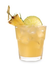 Glass of tasty pineapple cocktail with lime and rosemary isolated on white