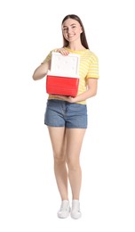 Photo of Happy young woman with plastic cool box isolated on white