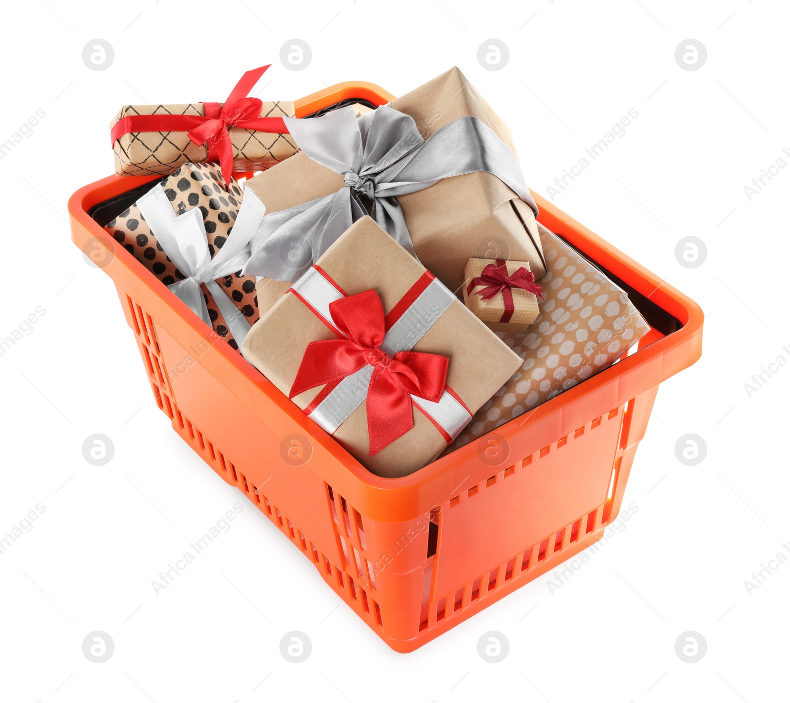 Photo of Orange shopping basket with different gifts on white background