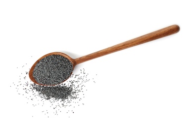 Photo of Poppy seeds and wooden spoon on white background, top view