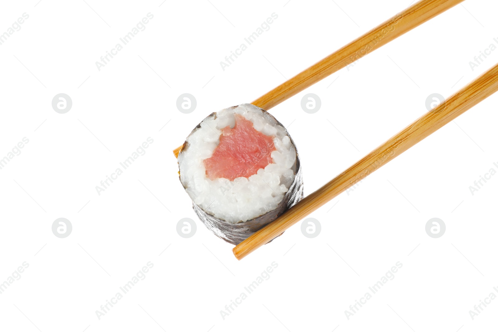 Photo of Delicious tuna sushi roll on white background