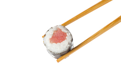 Delicious tuna sushi roll on white background