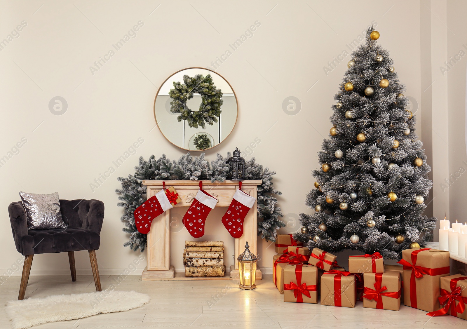 Photo of Stylish Christmas interior with decorated fir tree and fireplace