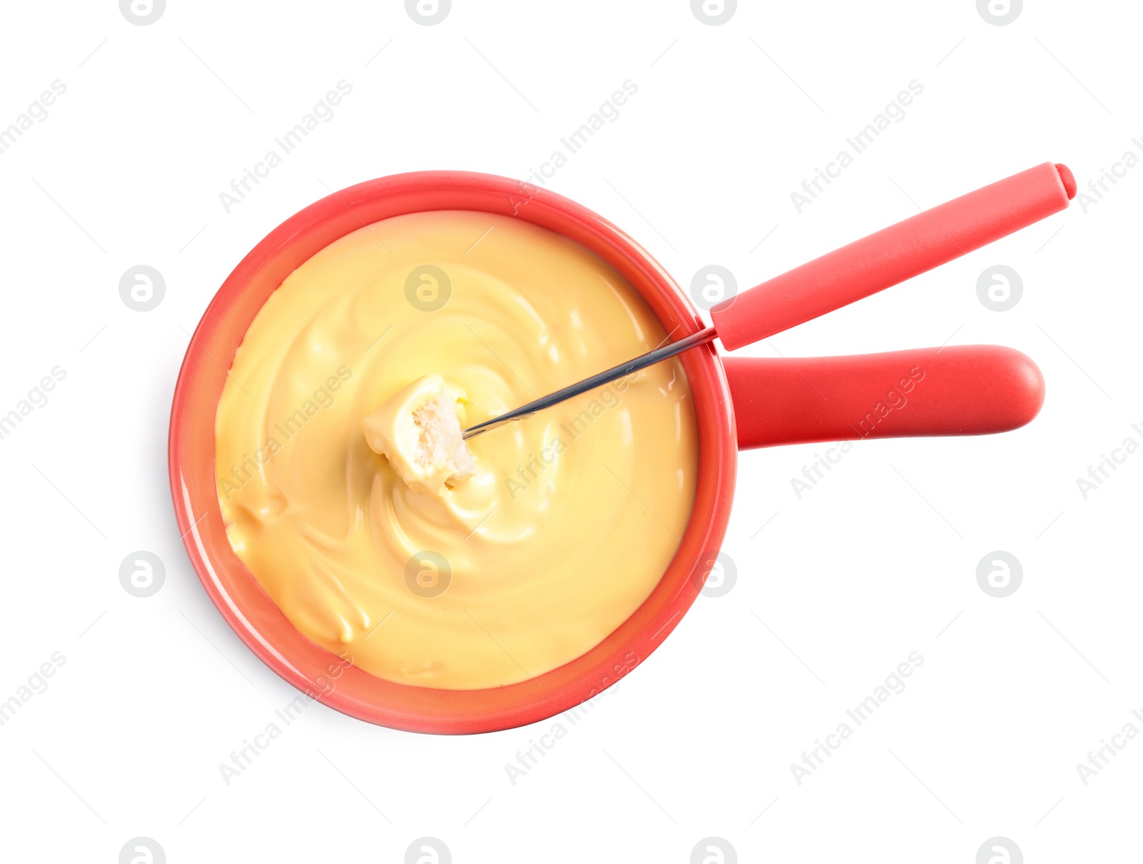 Photo of Pot of delicious cheese fondue and fork with bread on white background, top view