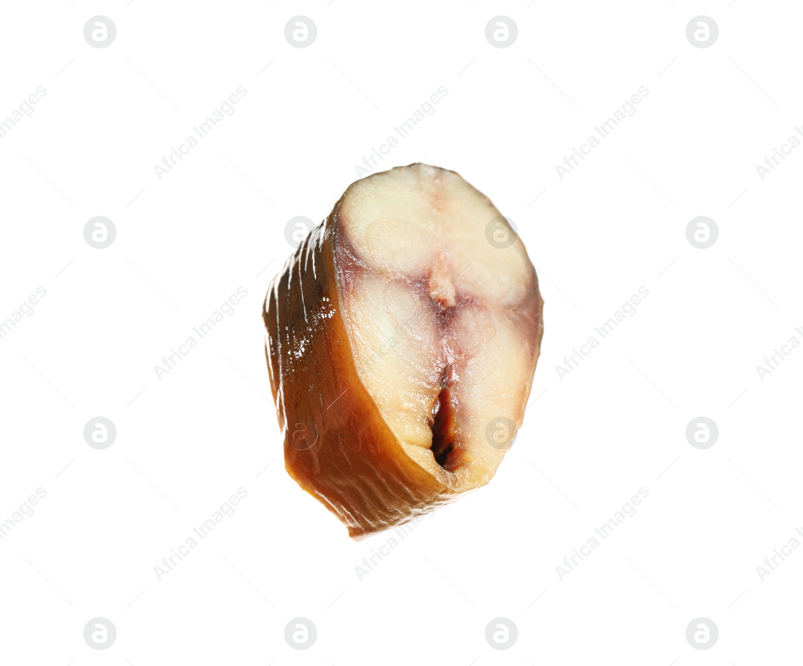 Photo of Slice of tasty smoked fish isolated on white