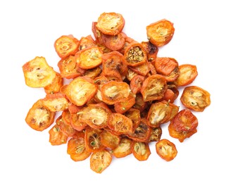 Photo of Heap of cut dried kumquat fruits isolated on white, top view
