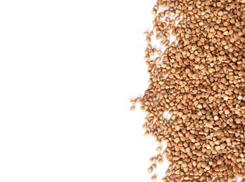 Uncooked buckwheat on white background, top view