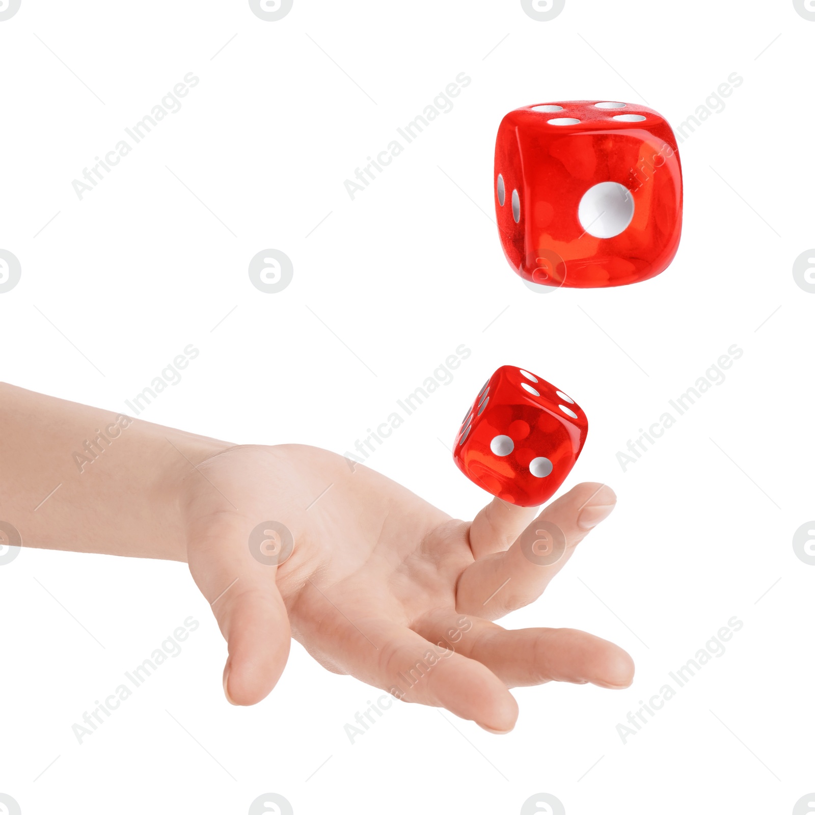 Image of Woman throwing red dice on white background, closeup