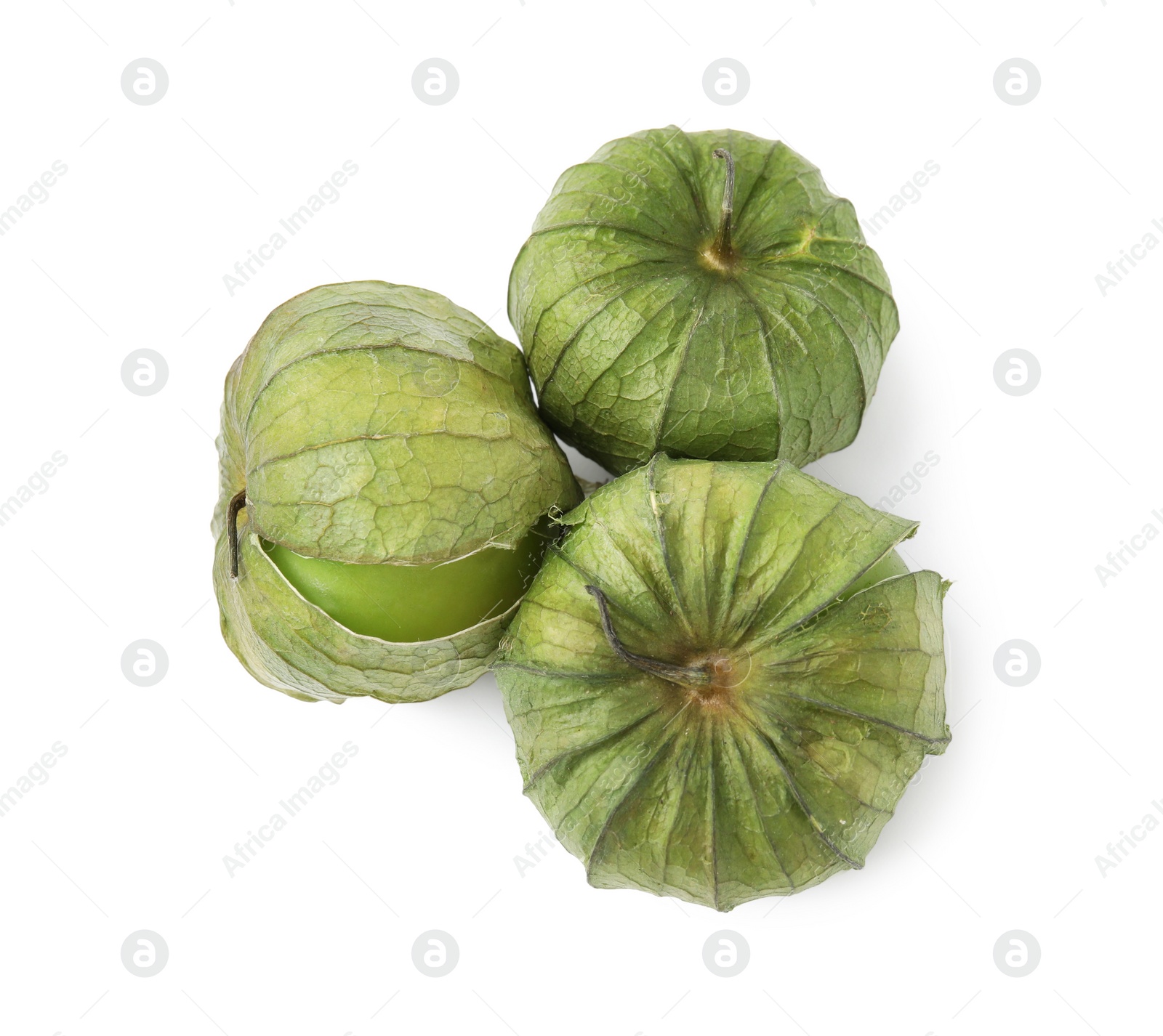 Photo of Fresh green tomatillos with husk isolated on white, top view