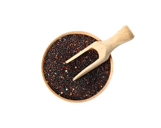 Bowl with black quinoa and scoop on white background, top view