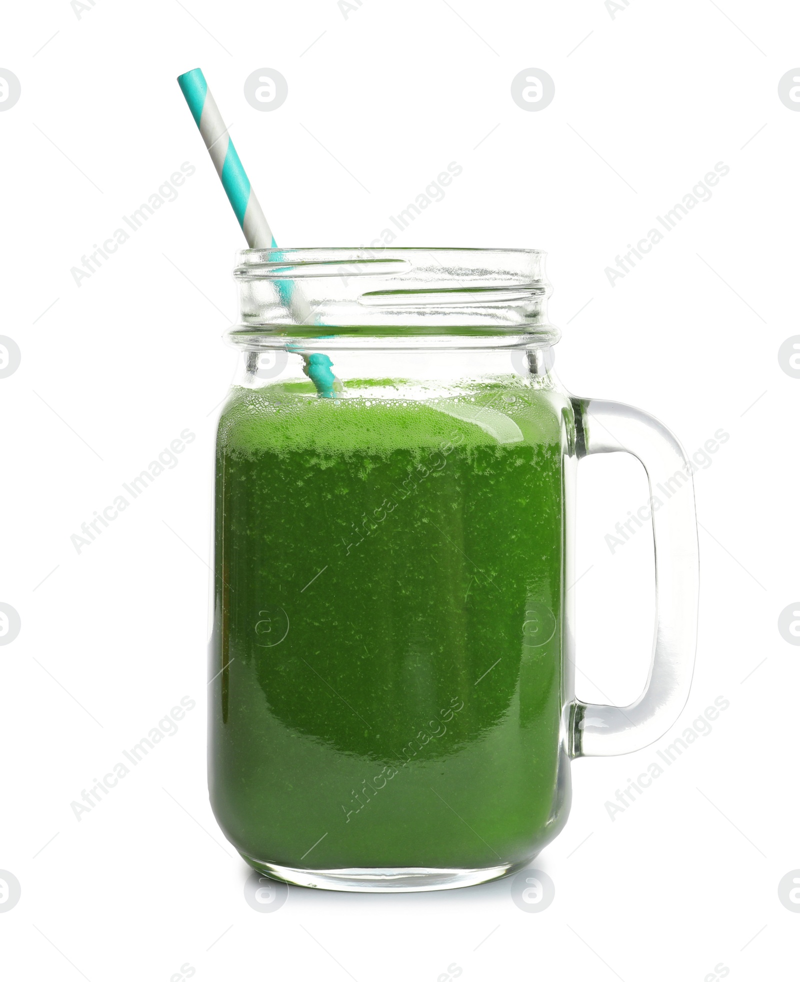 Photo of Mason jar with delicious detox juice on white background