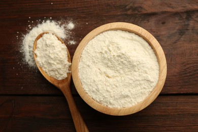 Photo of Baking powder in bowl and spoon on wooden table, top view