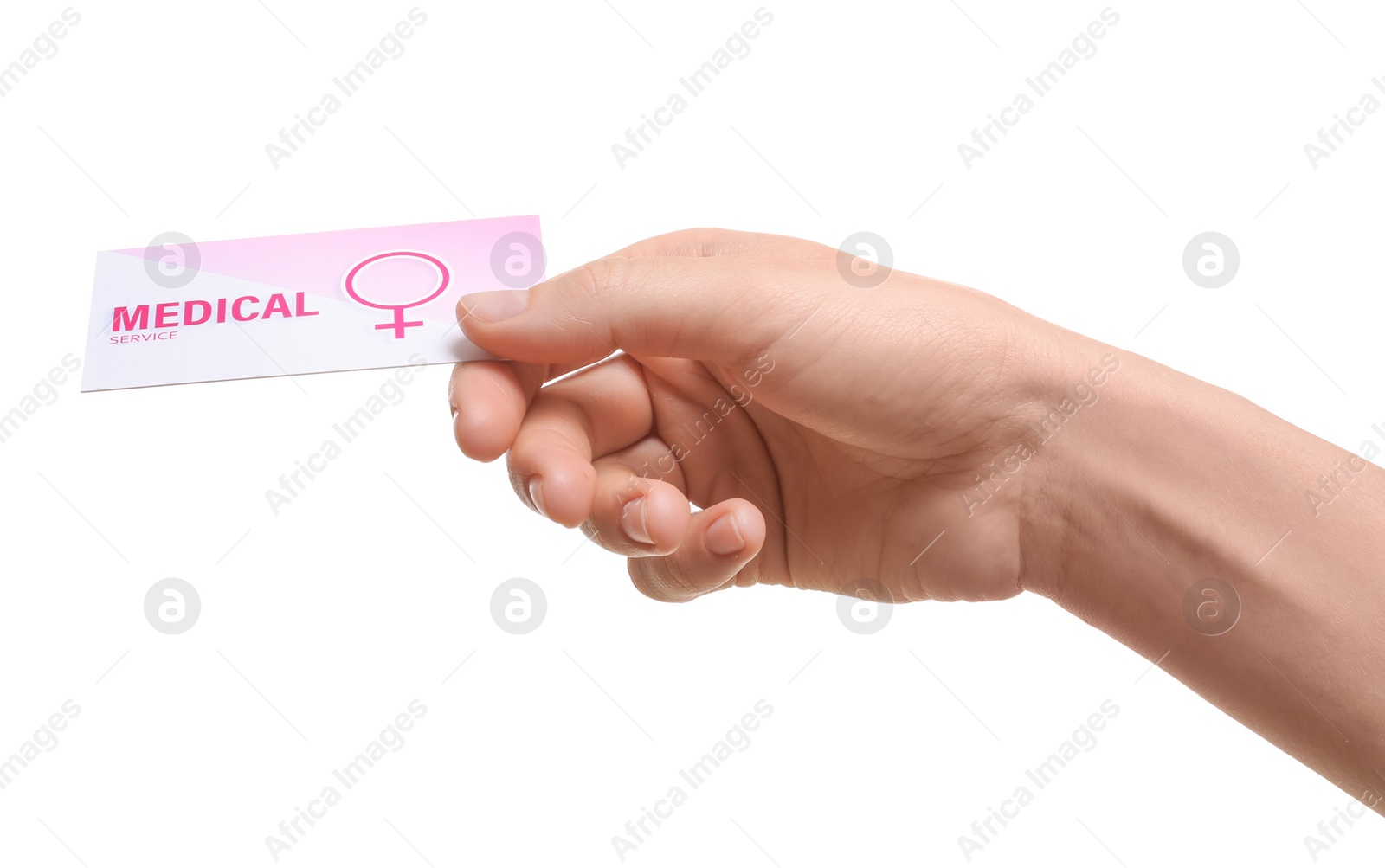 Photo of Girl holding medical business card isolated on white, closeup. Women's health service