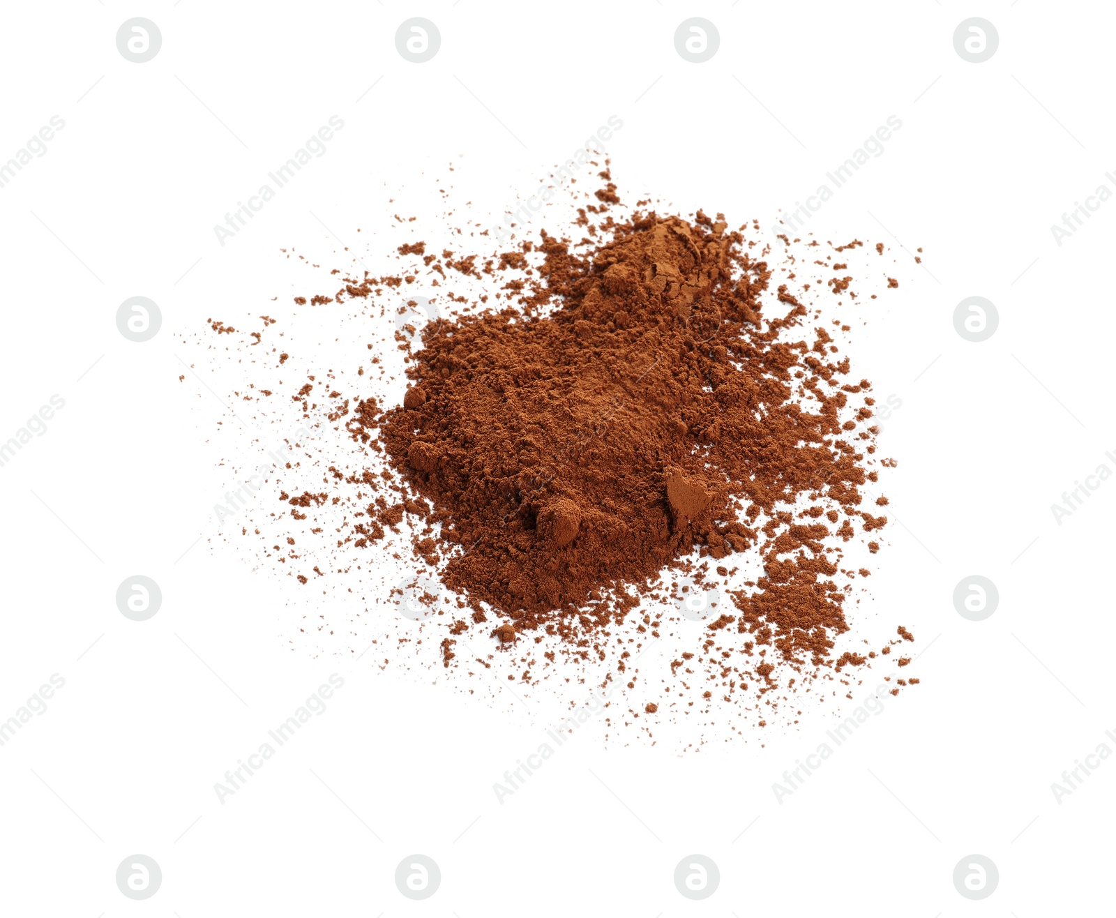 Photo of Pile of brown cocoa powder on white background