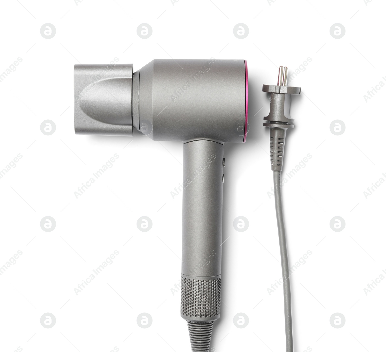 Photo of Modern hair dryer on white background, top view