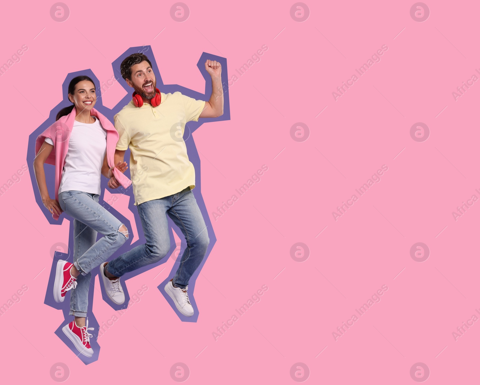 Image of Pop art poster. Happy couple dancing together on pink background. Space for text