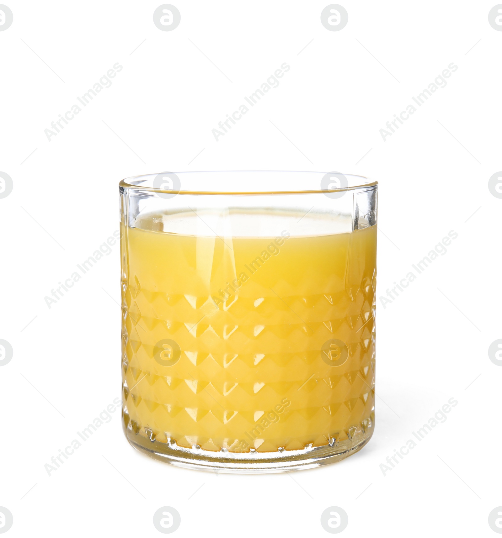 Photo of Glass of orange juice on white background