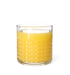 Photo of Glass of orange juice on white background