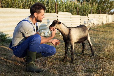 Photo of Man with goat at farm. Animal husbandry